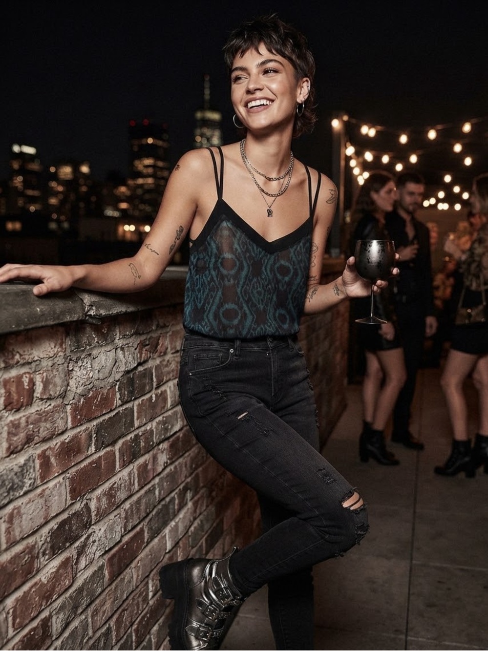 Dynamite Goth Grunge Teal Black Ikat Print Double Strap Camisole Sz M